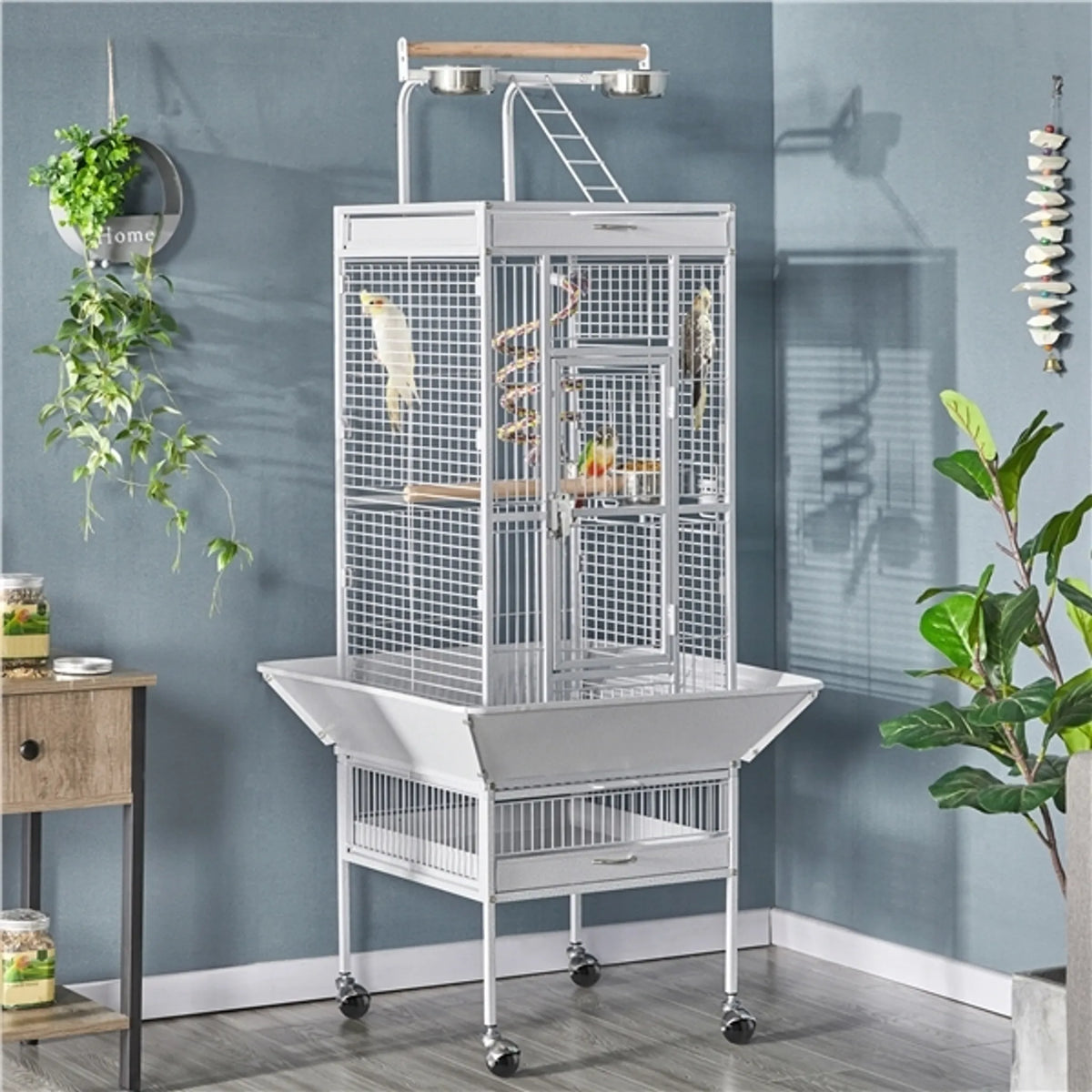 Yaheetech Cage pour perroquets avec plateau de jeu - équipée d'un collecteur de graines, de tiroirs à fumier extensibles et de portes d'alimentation - pour perruches et perroquets - fer blanc recouvert de poudre - 65,5 x 65,5 x 156 cm