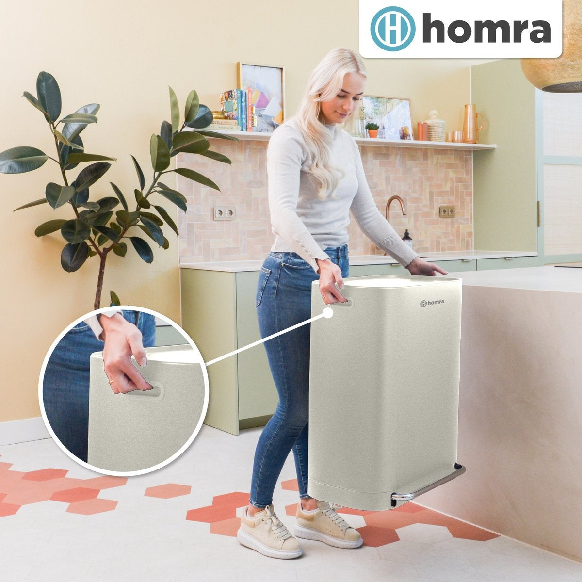 Poubelle Homra Rockx 60 Litres - Duo Poubelle à Pédale 2 x 30L avec Filtre à Odeurs - Poubelle de Tri en Inox à 2 Compartiments - Poubelle de Recyclage - Poubelle de Cuisine pour le Tri des Déchets - Double Poubelle Blanc Crème
