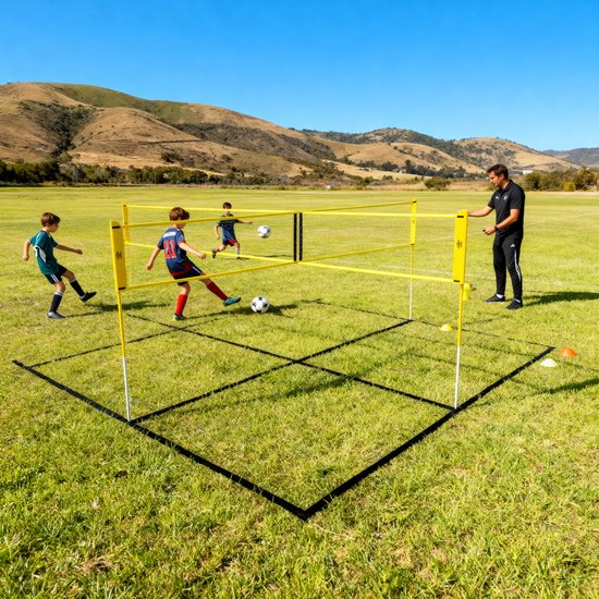 Umbro Sportnet - Kit de jeux - 168 x 400 cm - 4 compartiments - Filet de volley-ball - Badminton - Footvolley - Crossnet - Noir/Jaune