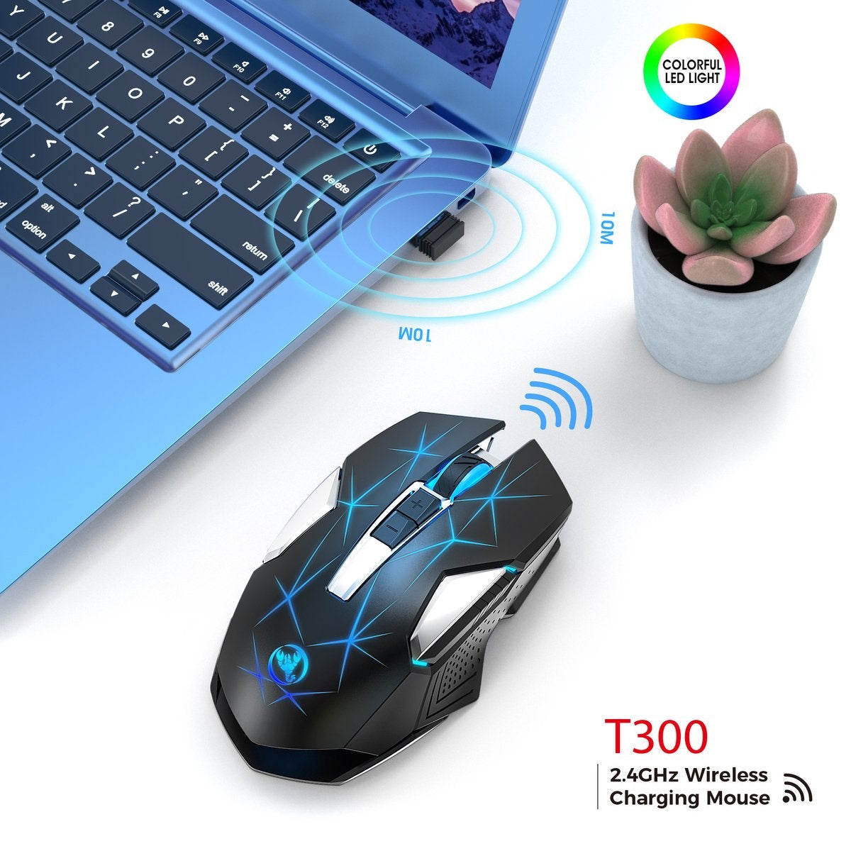 HXSJ T300 2.4G Draadloze Gaming Muis - Computermuizen - Ultra licht - Compact Voor Onderweg - RGB Verlichting - Zwart