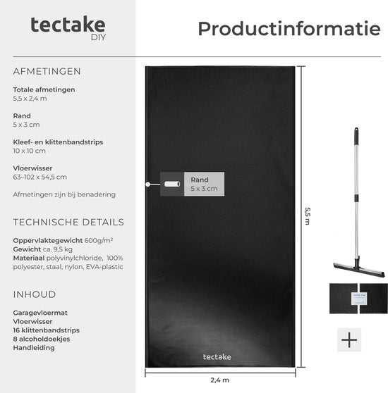 Tapis de garage tectake® - Tapis de sol - 550 x 240 cm - Antidérapant et imperméable - Livré avec une poignée télescopique, des patins velcro et des lingettes alcoolisées - Tapis écologique - Tapis d'atelier - Pour garage, moto et voiture