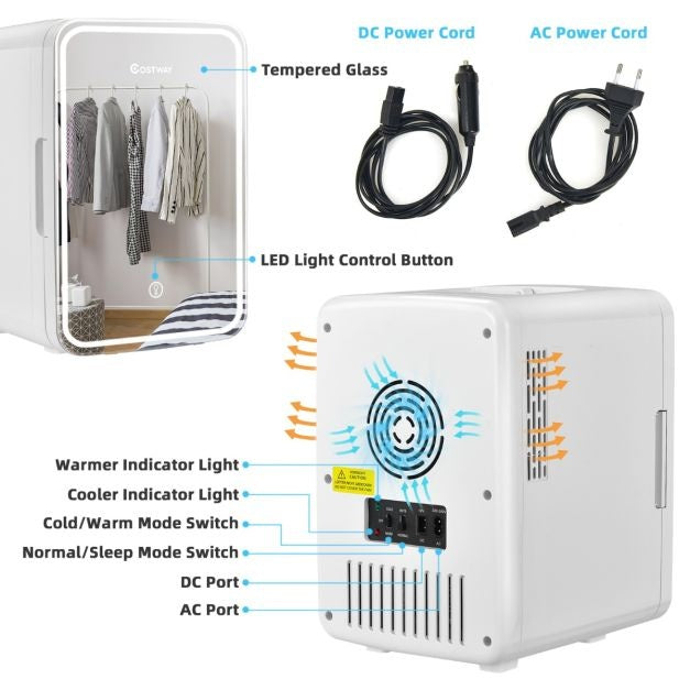Coast Mini Fridge - Réfrigérateur portable avec miroir LED - 10L - 23 x 28 x 34 cm - Blanc