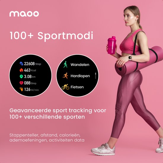 Maoo Ventura AMOLED Smartwatch Ladies - Acier inoxydable et bracelet en silicone 3x - Podomètre - Moniteur de fréquence cardiaque - Moniteur de sommeil - Multisport - Convient à Android et iOS - Noir