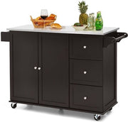 Chariot de cuisine et de service Coast - Acier inoxydable - Îlot de cuisine à 3 tiroirs - 135 x 45,5 x 91,5 cm - Marron/Blanc/Noir