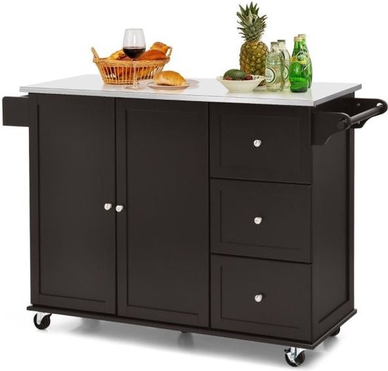 Chariot de cuisine et de service Coast - Acier inoxydable - Îlot de cuisine à 3 tiroirs - 135 x 45,5 x 91,5 cm - Marron/Blanc/Noir