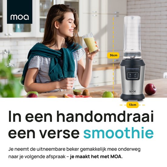 MOA Blender To Go - Smoothie Maker avec 2 gobelets en Tritan de 600ml - Mini Blender - 800W - acier inoxydable - Silver