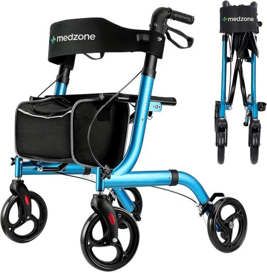 Déambulateur Medzone léger et pliable - fonction assise - intérieur et extérieur - dossier et support de canne - bleu