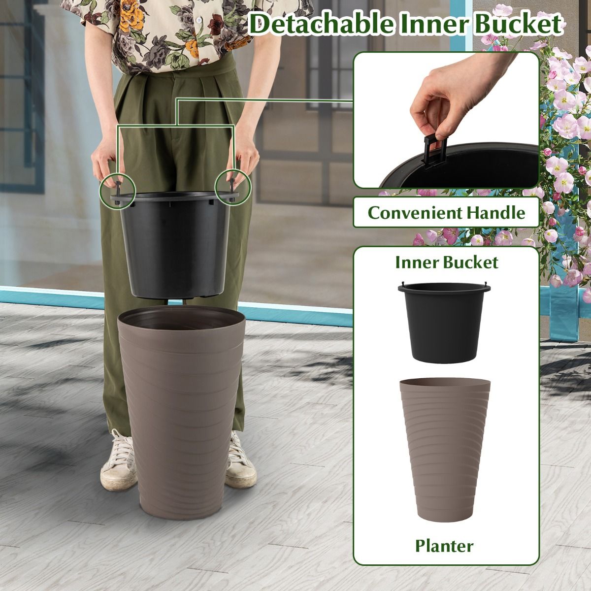 Ensemble de 2 jardinières Coast - avec pot intérieur et trous de drainage - résistantes aux intempéries - marron - 45 cm de hauteur