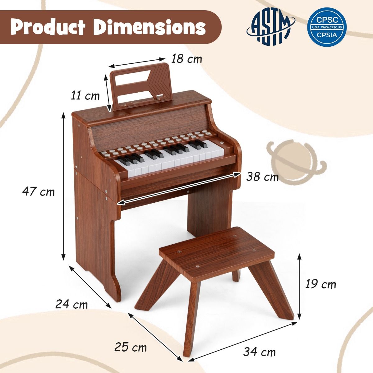 Piano pour enfants Coast à 25 touches - Piano électronique avec tabouret - Mode apprentissage - Noir