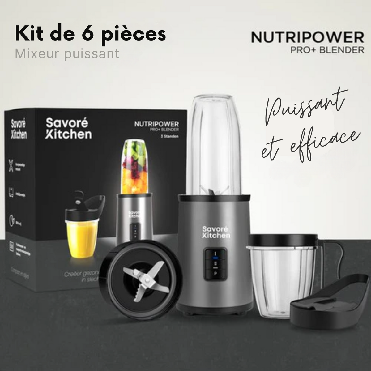 Blender NutriPower Pro - Savoré Kitchen - Blender à emporter - Mixeur à smoothie - 2 gobelets