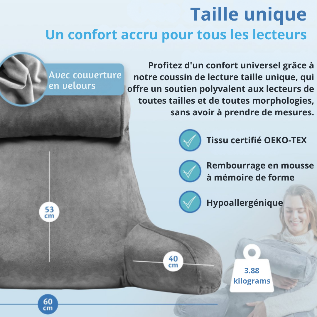 Coussin de lecture Ella® -  Avec appui tête - Housse en velours - 50x60x40 cm - Anthracite