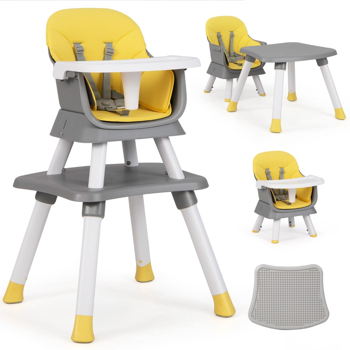 Chaise haute Coast 6-en-1 - rehausseur et table à blocs de construction - avec harnais à 5 points et coussin - gris clair