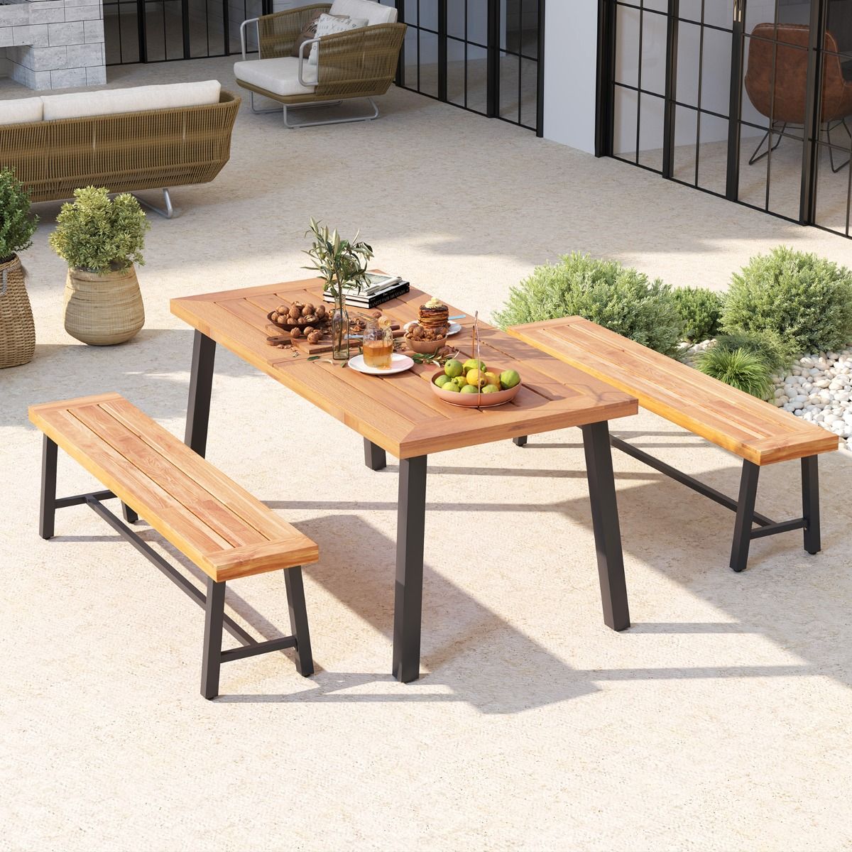 Coast Lot de 2 bancs d'extérieur en bois d'acacia 160 cm - Bancs de terrasse pour 3 personnes avec structure en métal noir html Copy Edit