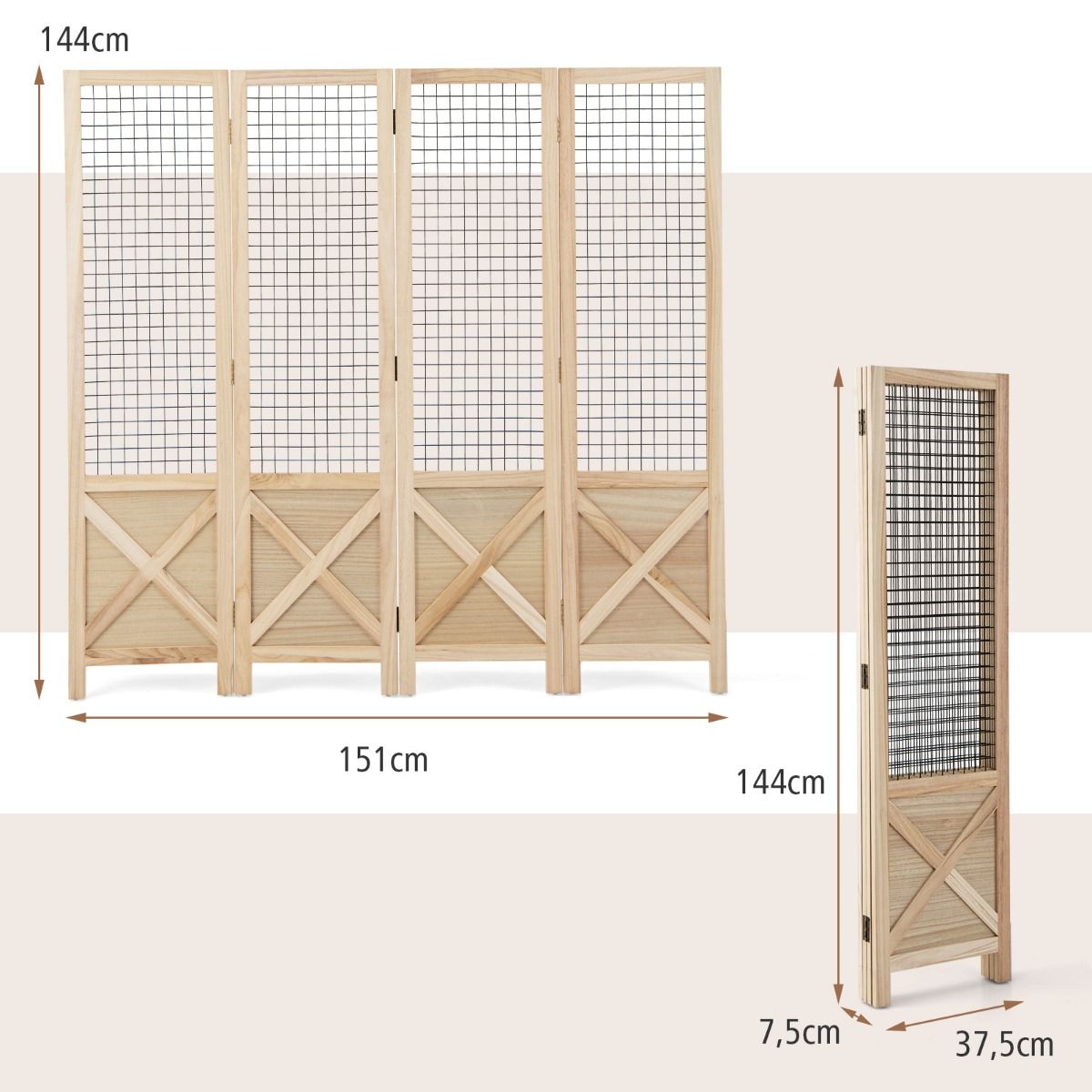 Coast Séparateur de pièce en bois pliable Grille murale 4 pièces - 151 x 144 cm - Naturel