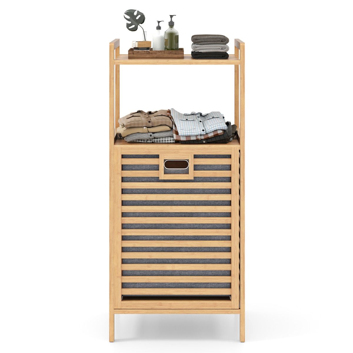 Coast Bathroom Rack with Laundry Basket 43.5x33x96 cm - Bamboo - Natural - With 2 Shelves and Removable Laundry Bag