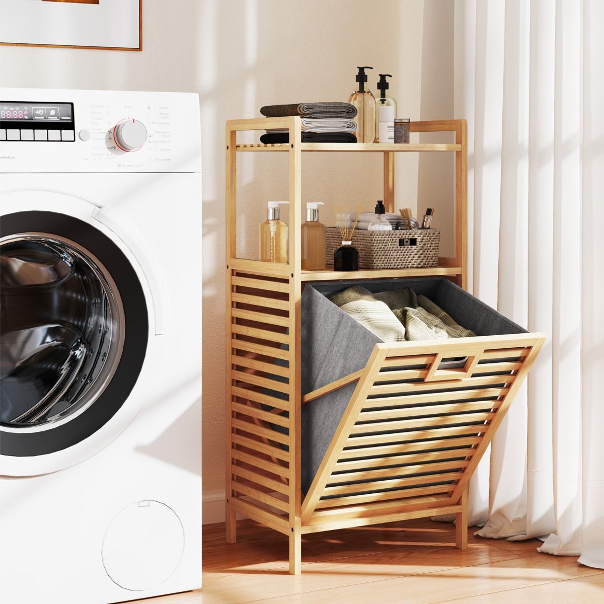 Coast Bathroom Rack with Laundry Basket 43.5x33x96 cm - Bamboo - Natural - With 2 Shelves and Removable Laundry Bag