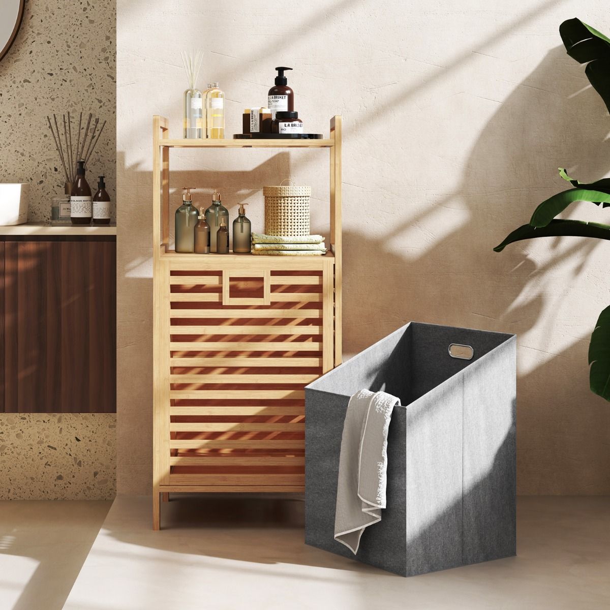 Coast Bathroom Rack with Laundry Basket 43.5x33x96 cm - Bamboo - Natural - With 2 Shelves and Removable Laundry Bag