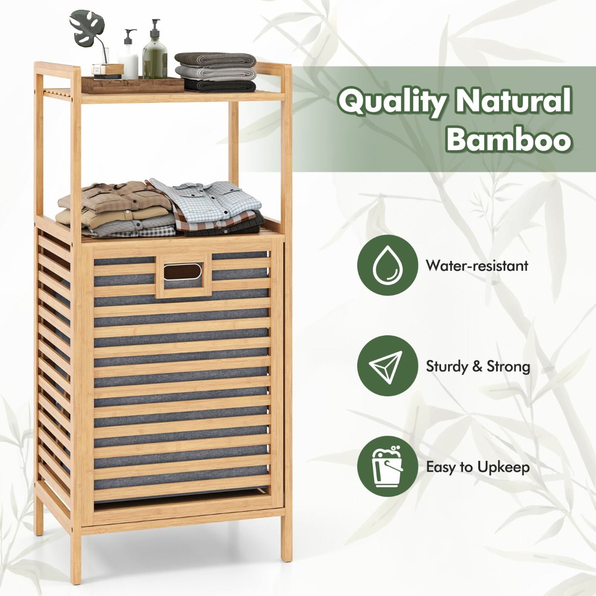 Coast Bathroom Rack with Laundry Basket 43.5x33x96 cm - Bamboo - Natural - With 2 Shelves and Removable Laundry Bag