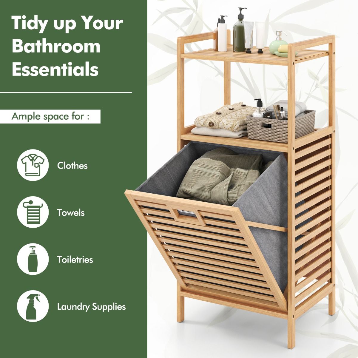 Coast Bathroom Rack with Laundry Basket 43.5x33x96 cm - Bamboo - Natural - With 2 Shelves and Removable Laundry Bag