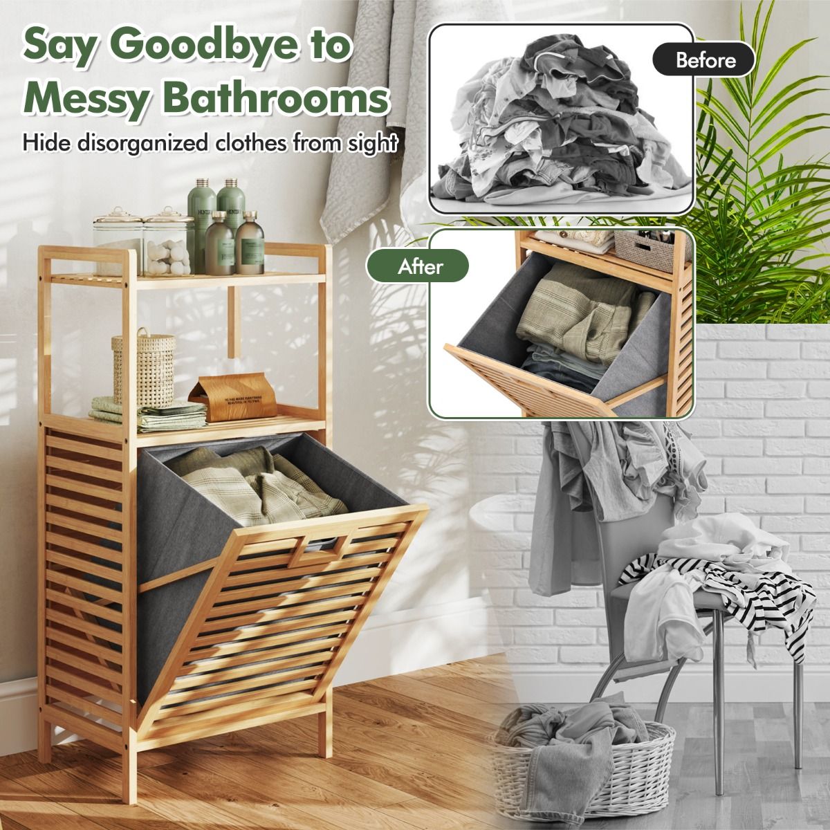 Coast Bathroom Rack with Laundry Basket 43.5x33x96 cm - Bamboo - Natural - With 2 Shelves and Removable Laundry Bag