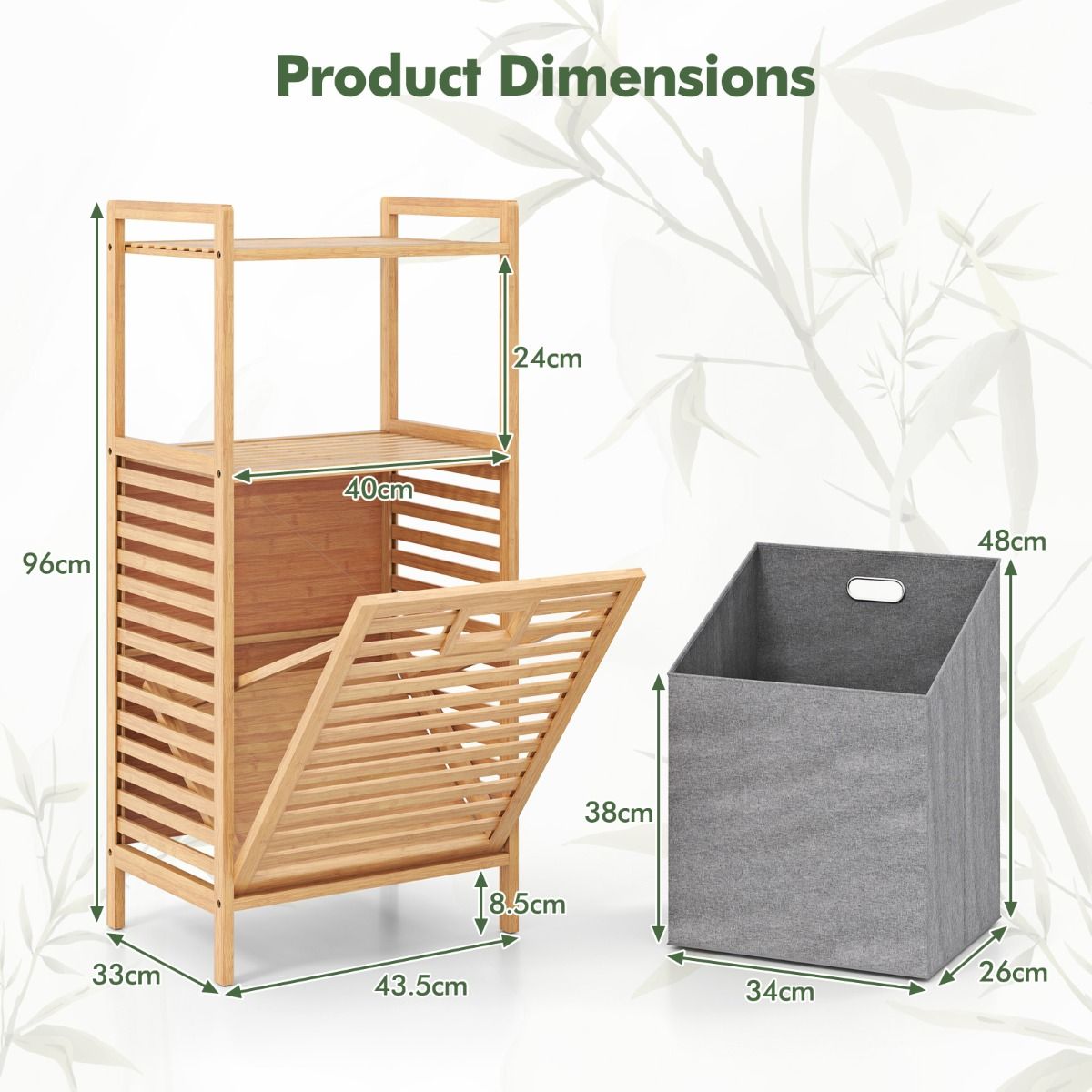 Coast Bathroom Rack with Laundry Basket 43.5x33x96 cm - Bamboo - Natural - With 2 Shelves and Removable Laundry Bag