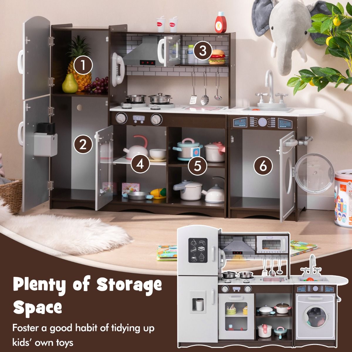 Coast Corner Kitchen Set for Kids - Dark Brown - 121 x 29 x 83 cm - Cuisine en bois avec son et lumière