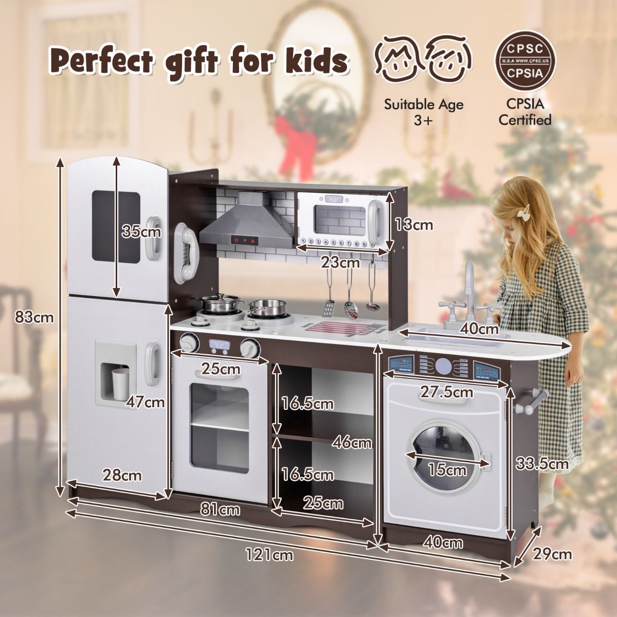 Coast Corner Kitchen Set for Kids - Dark Brown - 121 x 29 x 83 cm - Cuisine en bois avec son et lumière
