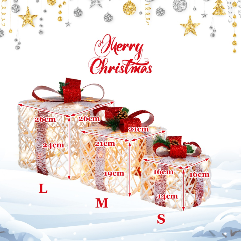Lot de 3 boîtes cadeaux à piles LED avec nœuds rouges 60 lumières LED