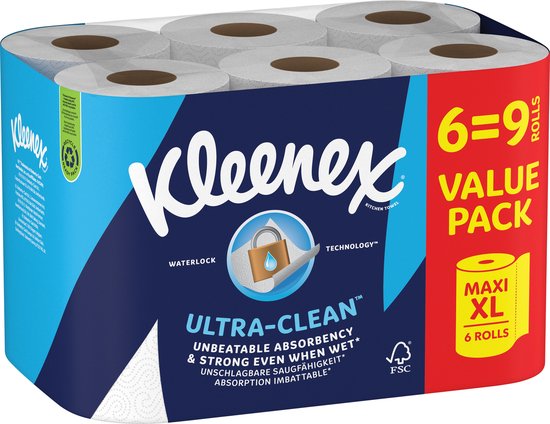 Papier essuie-tout Kleenex - Rouleau de cuisine Ultra Clean - 6 rouleaux Maxi XL - Lot économique