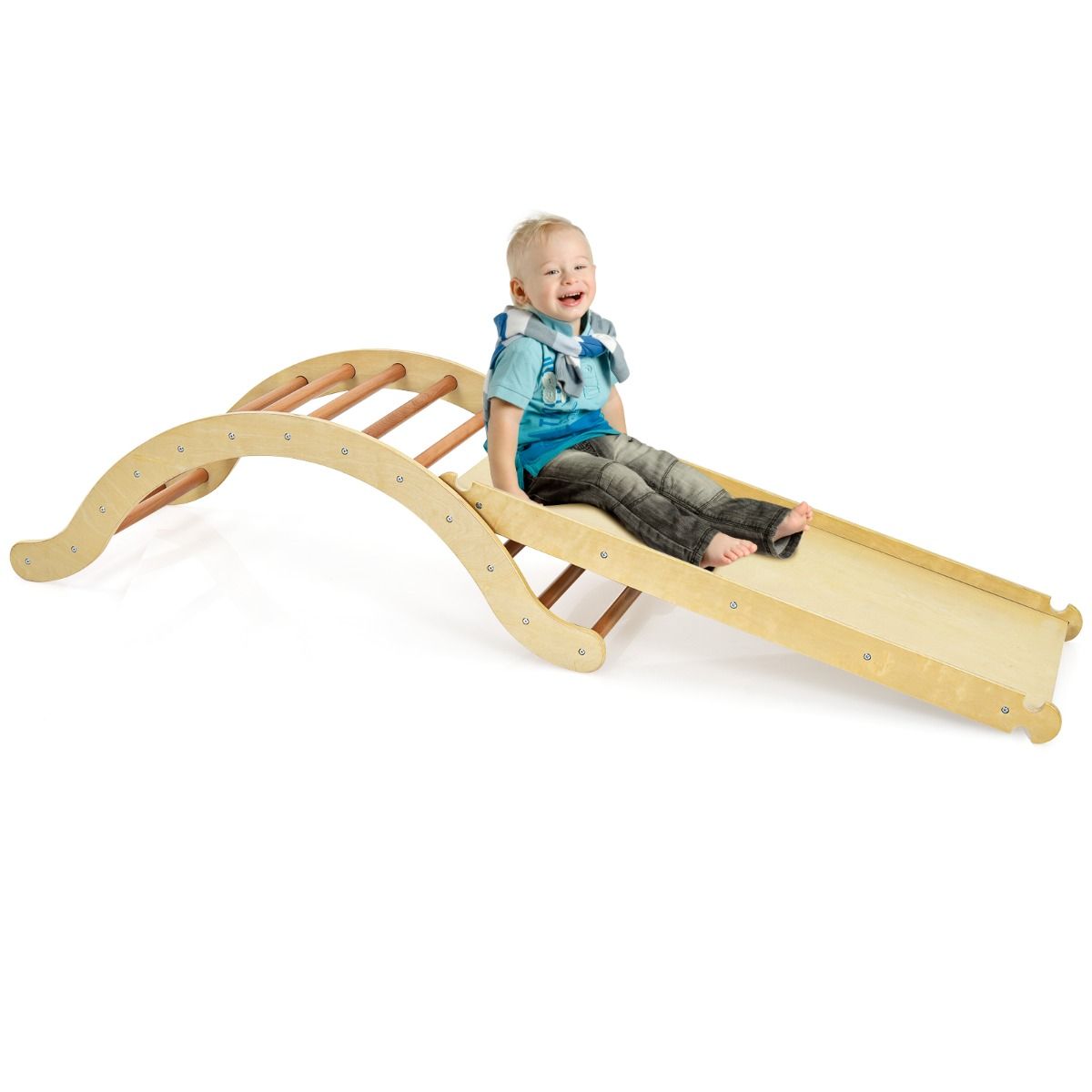 Ensemble d'échelle d'escalade 3-en-1 Coast pour enfants - Arche avec rampe d'escalade et balancelle - naturel + bleu