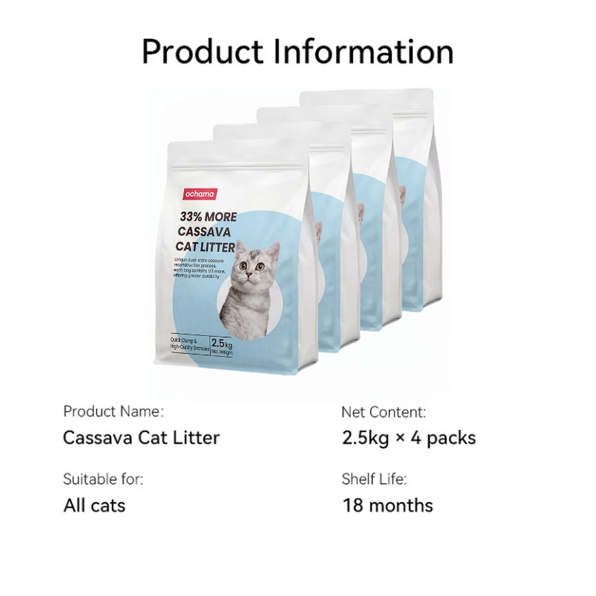Litière pour chat Ochama Tapioca - À agglomération rapide - Inodore - 4 x 2,5 kg - 10 kg - Blanc crème