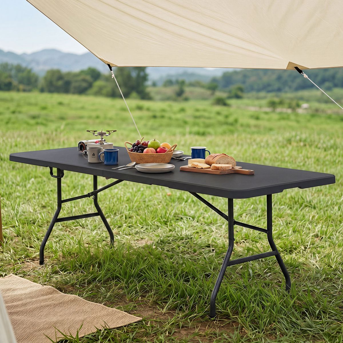 Table de jardin pliante Coast - pour 10 personnes - poignée de transport - noire - 244 x 75 cm