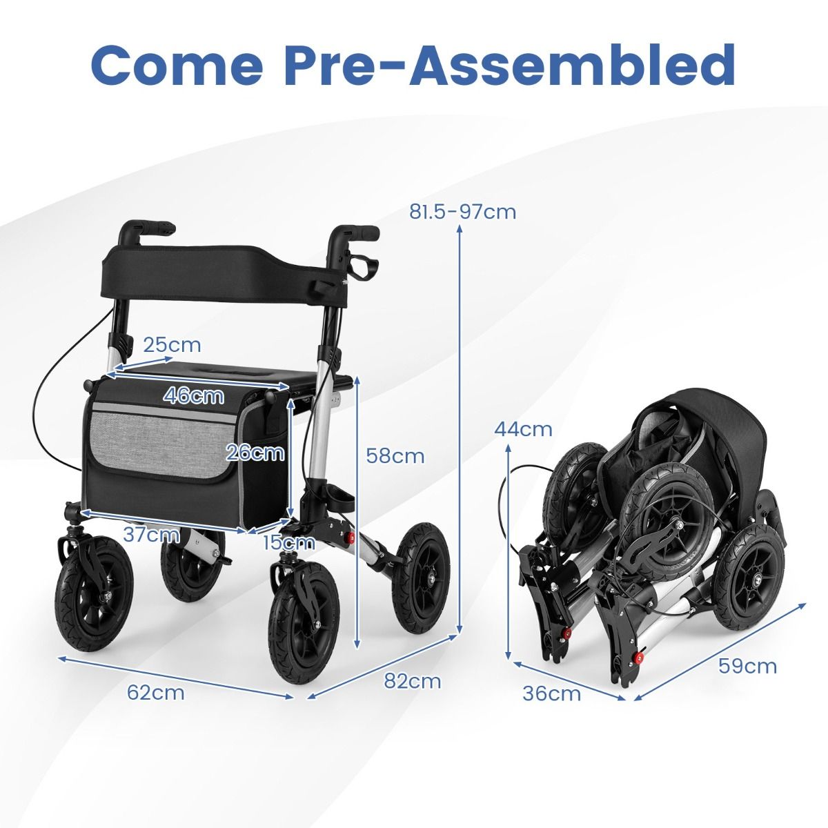 Coast 2-in-1 Rollator et fauteuil roulant de voyage Noir/Rouge/Argent - 62 x 82 x 81,5-97 cm - Pliable