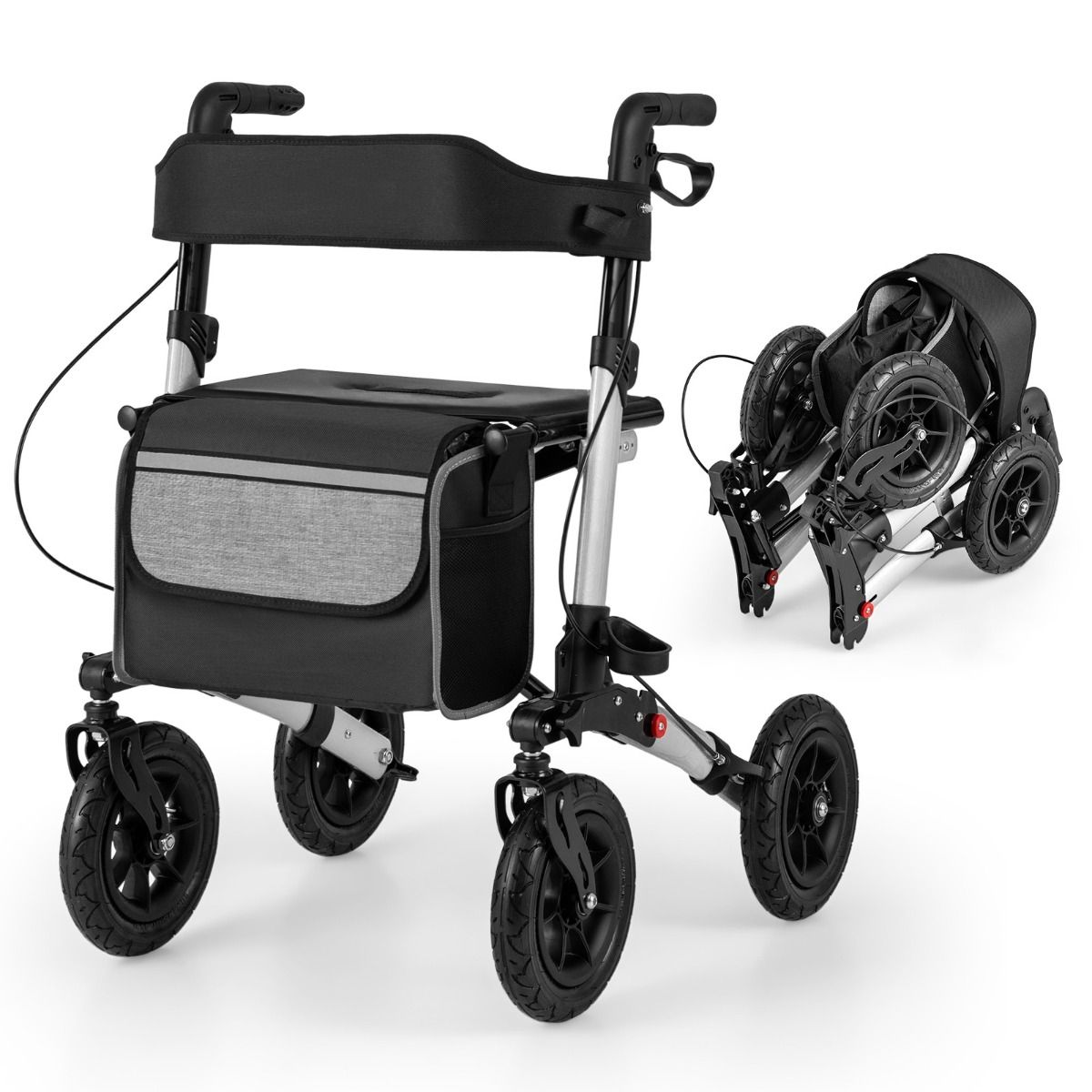 Coast 2-in-1 Rollator et fauteuil roulant de voyage Noir/Rouge/Argent - 62 x 82 x 81,5-97 cm - Pliable