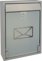 Boîte aux lettres Perel avec plaque nominative, boîte aux lettres murale Milan, fixation murale, avec serrure, couvercle, verrouillable, 2 clés incluses, façade en verre dépoli, 36 x 26 x 8 cm, gris argenté