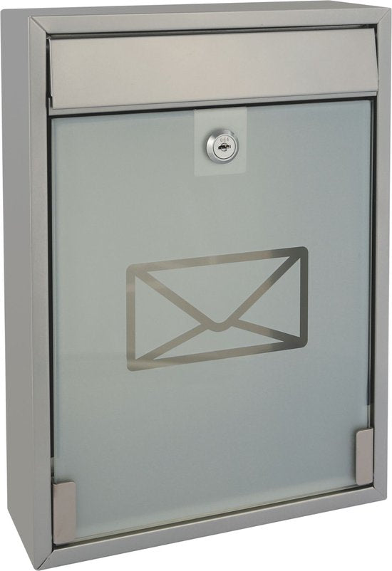 Boîte aux lettres Perel avec plaque nominative, boîte aux lettres murale Milan, fixation murale, avec serrure, couvercle, verrouillable, 2 clés incluses, façade en verre dépoli, 36 x 26 x 8 cm, gris argenté