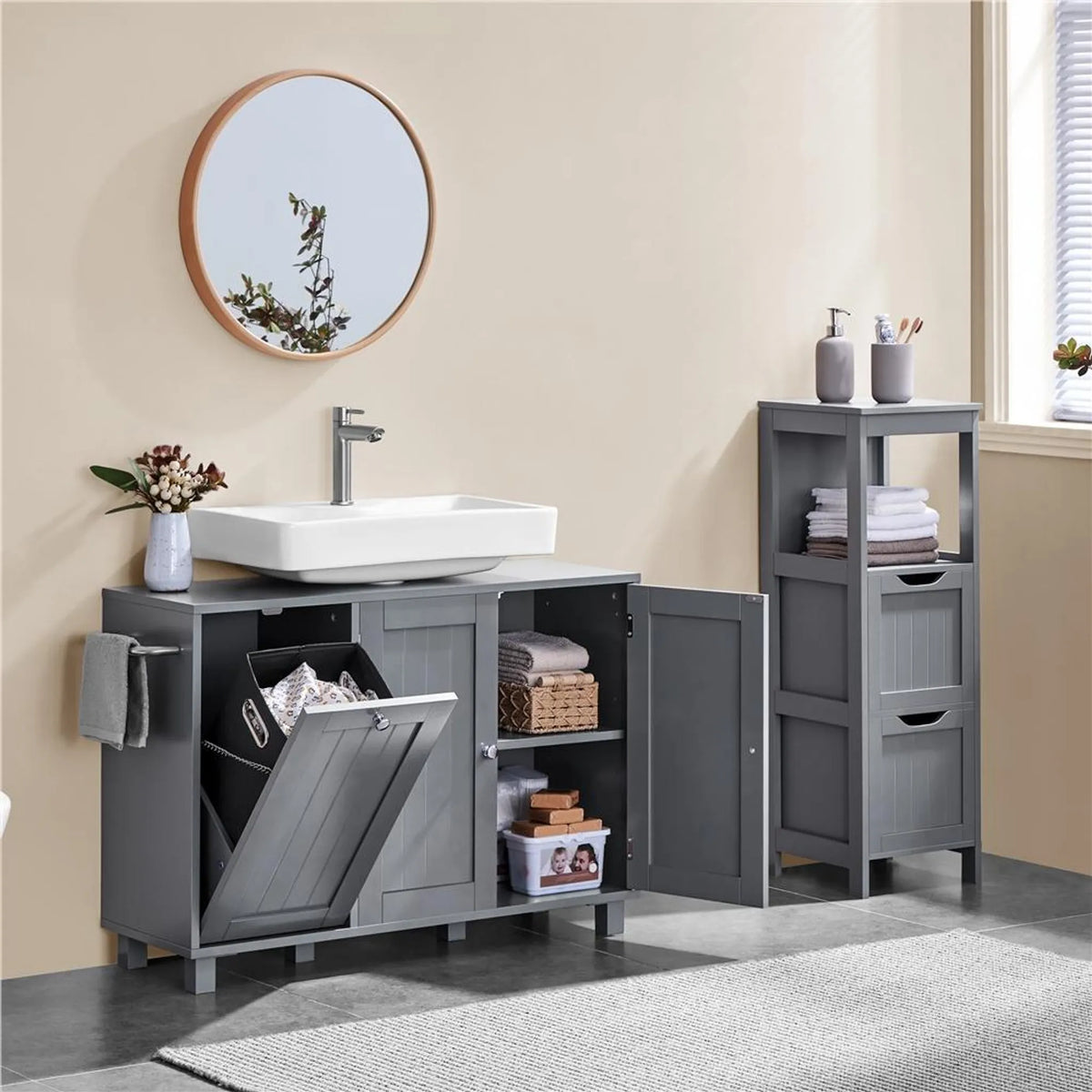 Meuble sous-lavabo Yaheetech avec découpe en U et panier à linge 90 x 30 x 62,5 cm – Gris foncé – MDF et métal