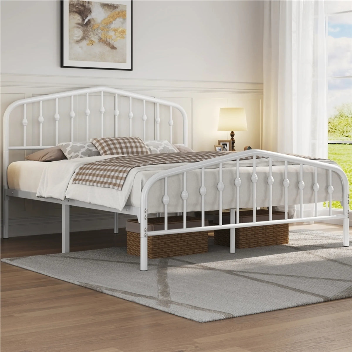 Lit classique en métal Yaheetech avec tête de lit haute 160 x 200 cm – Blanc – Métal