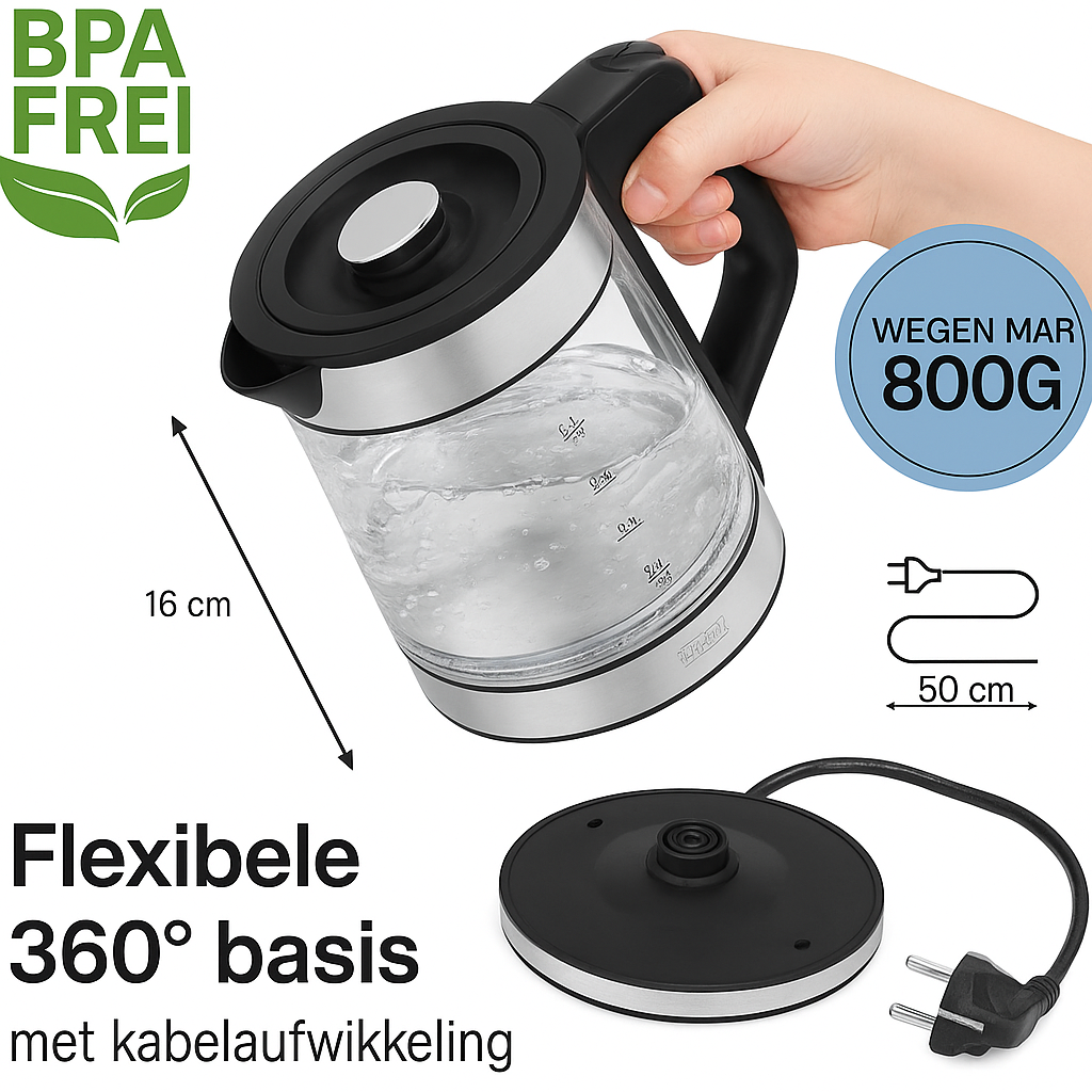 LEBENLANG - Bouilloire en verre - Petite - 1,2 litres - Lumière LED - Design en acier inoxydable - Bouilloire sans BPA - Petite bouilloire de voyage silencieuse pour le camping