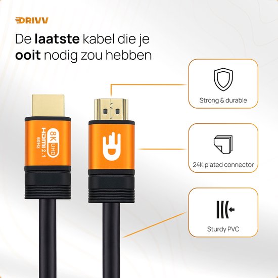 Drivv. Câble HDMI Premium 2.1 - Ultra HD 8K - 4K 120hz - Convient à Xbox Series X & PS5 - 2 mètres - Orange