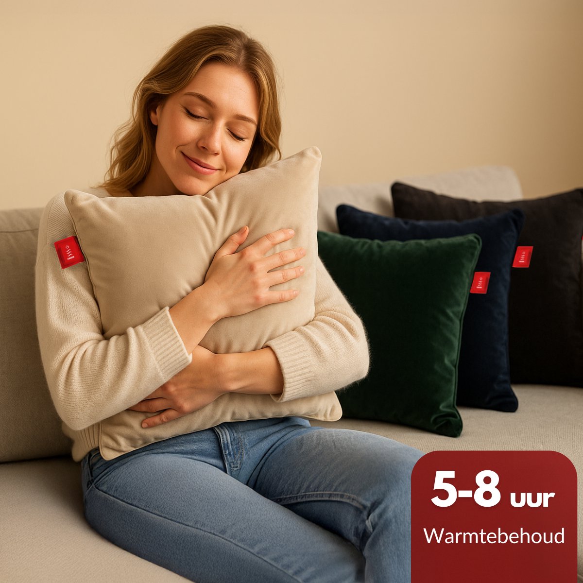 Coozie Rechargeable Heat Pillow 45x45 cm - Sans fil et filaire - 3 niveaux de chaleur (45-65°C) - Velvet Beige - 10 000 mAh Powerbank inclus