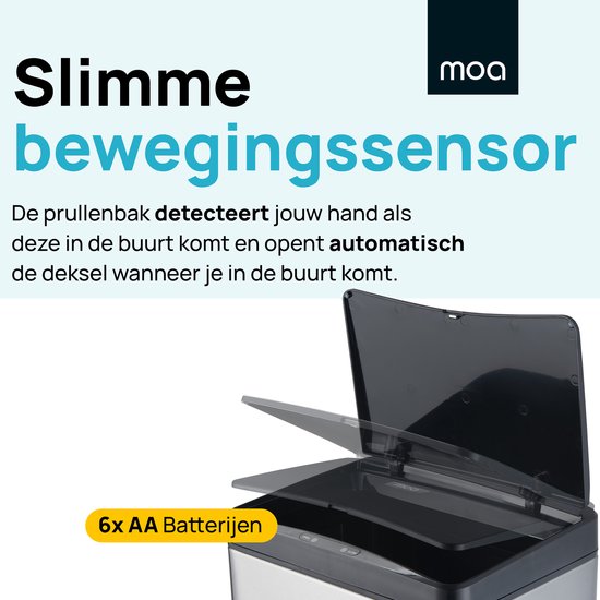 MOA Sensor Trash Can 50 Liter - Silent Lid - Delayed Close Mode - Stainless Steel & Durable ABS - Waste Bin - Garbage Can - Silver