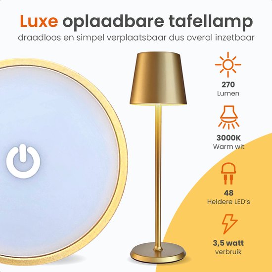 Goliving Essence Lampe de table rechargeable - 2 pièces - Sans fil et dimmable - Lampe tactile moderne - Lampe de nuit pour chambre à coucher - 38 cm - Or