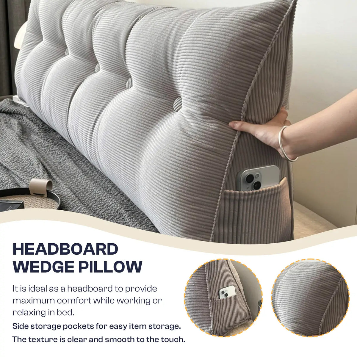 Coussin de dossier et de lecture Xllx - Housse lavable et poche latérale - 80 × 50 × 20 cm - Gris