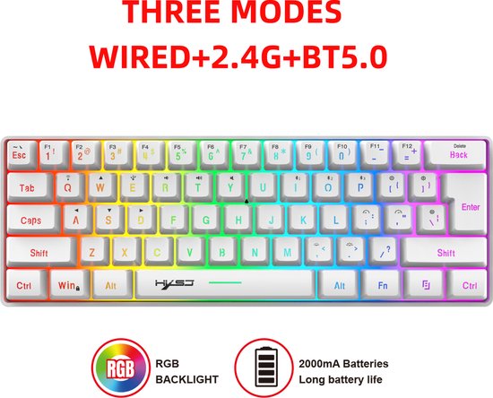 HXSJ L500 - Clavier gaming sans fil - RGB - Tri-mode - Claviers QWERTY - Blanc