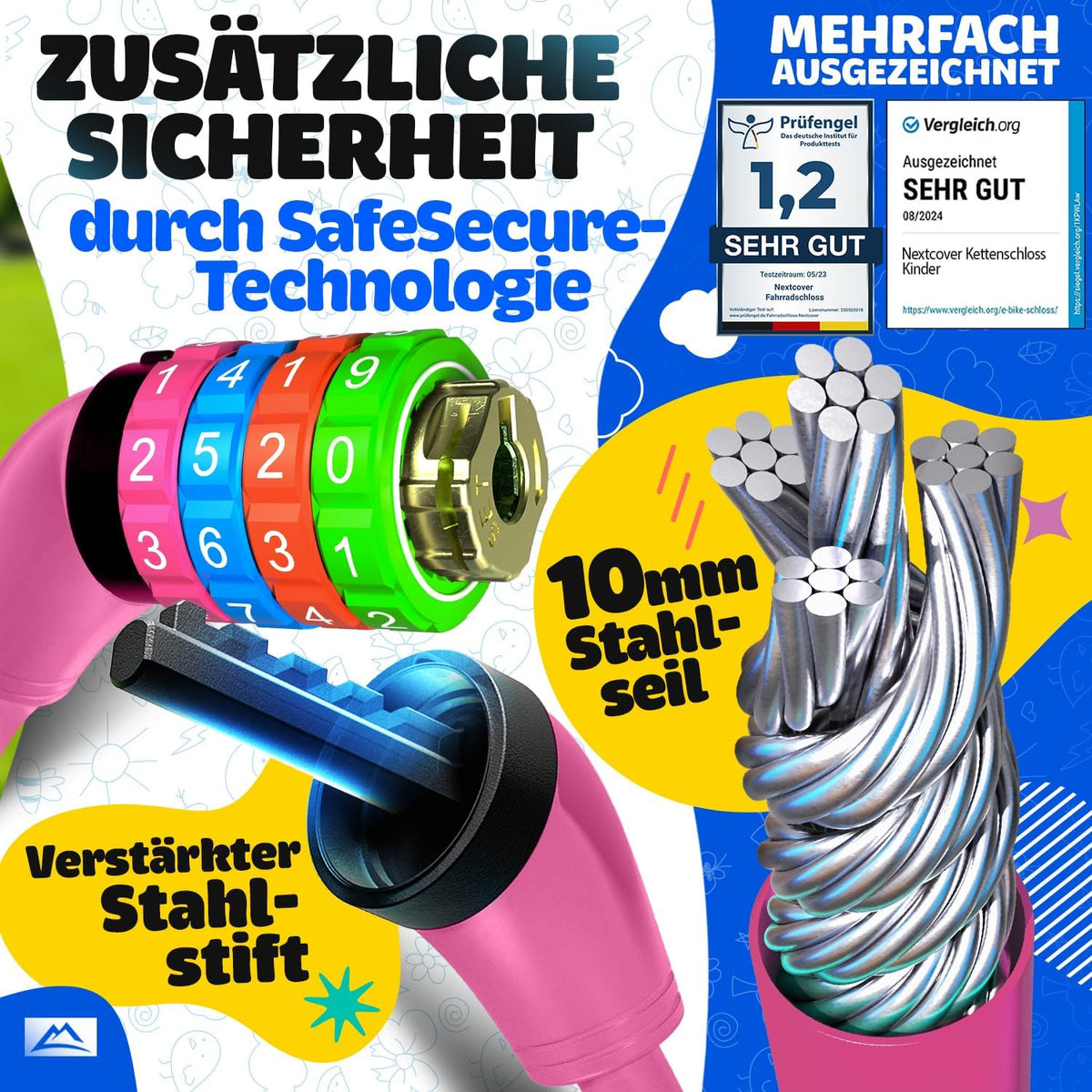 NEXTCOVER® Cadenas à vélo pour enfants - Code numérique à 4 chiffres - Cadenas à combinaison pour vélo avec chiffres colorés - Cadenas pour scooter Extra robuste et sûr - Rose
