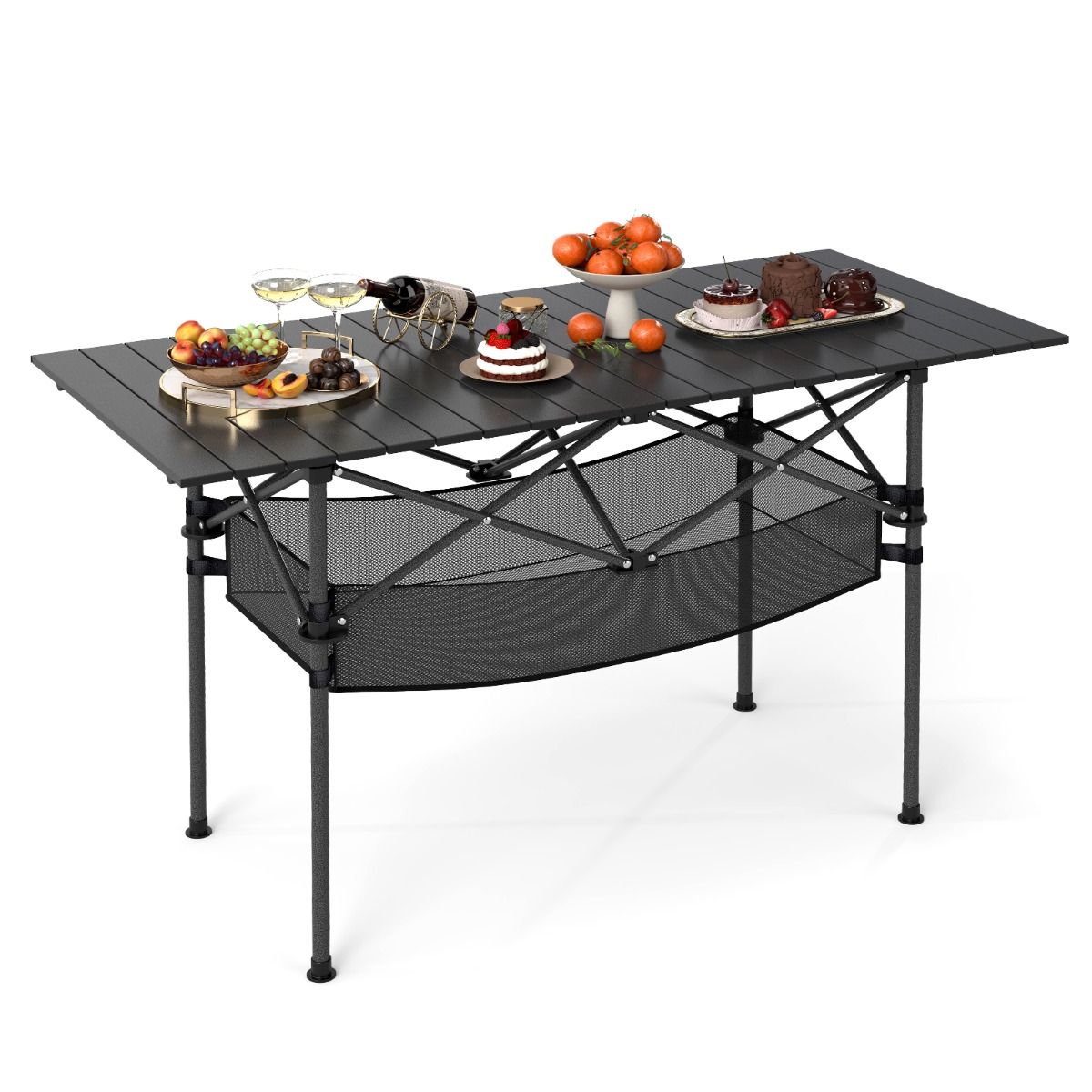 Table de camping pliable Coast - Plateau en aluminium enroulable - Avec panier en filet - Noir 119 x 56 cm