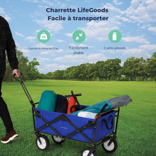 Charrette à bras LifeGoods pliable roues pivotantes - 2 supports - capacité de charge de 70 kg - bleu