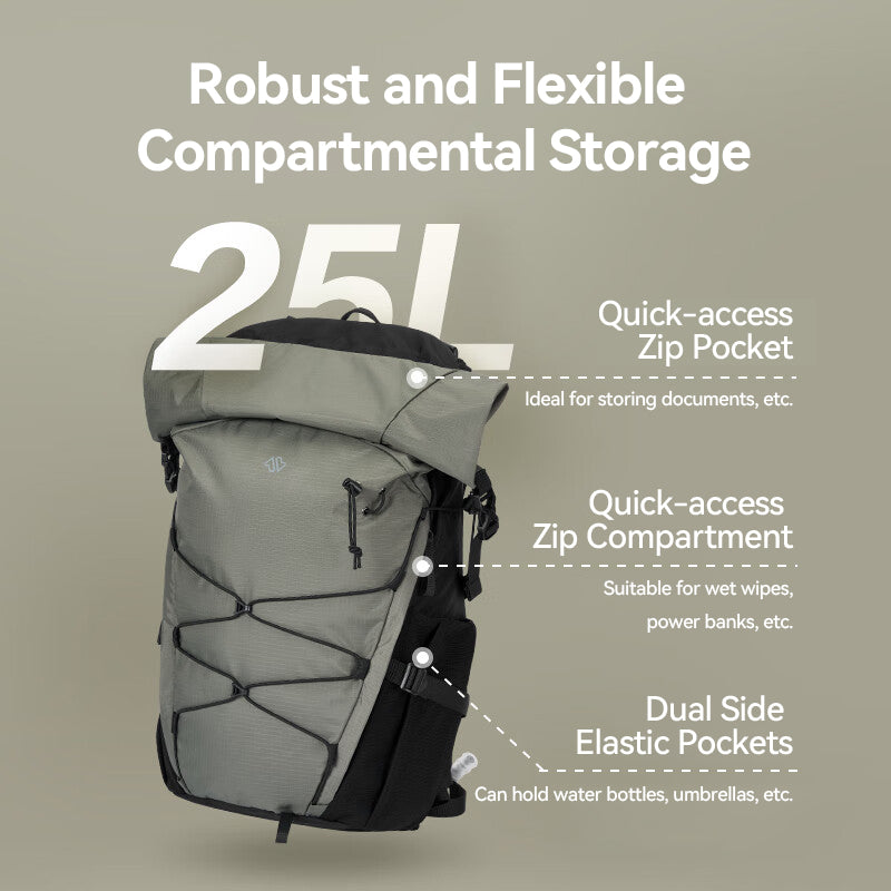 J.ZAO ochama × J.ZAO, sac à dos de randonnée de la gamme sportive pour une utilisation en extérieur, 25 l, soutien dorsal respirant, vert nuageux