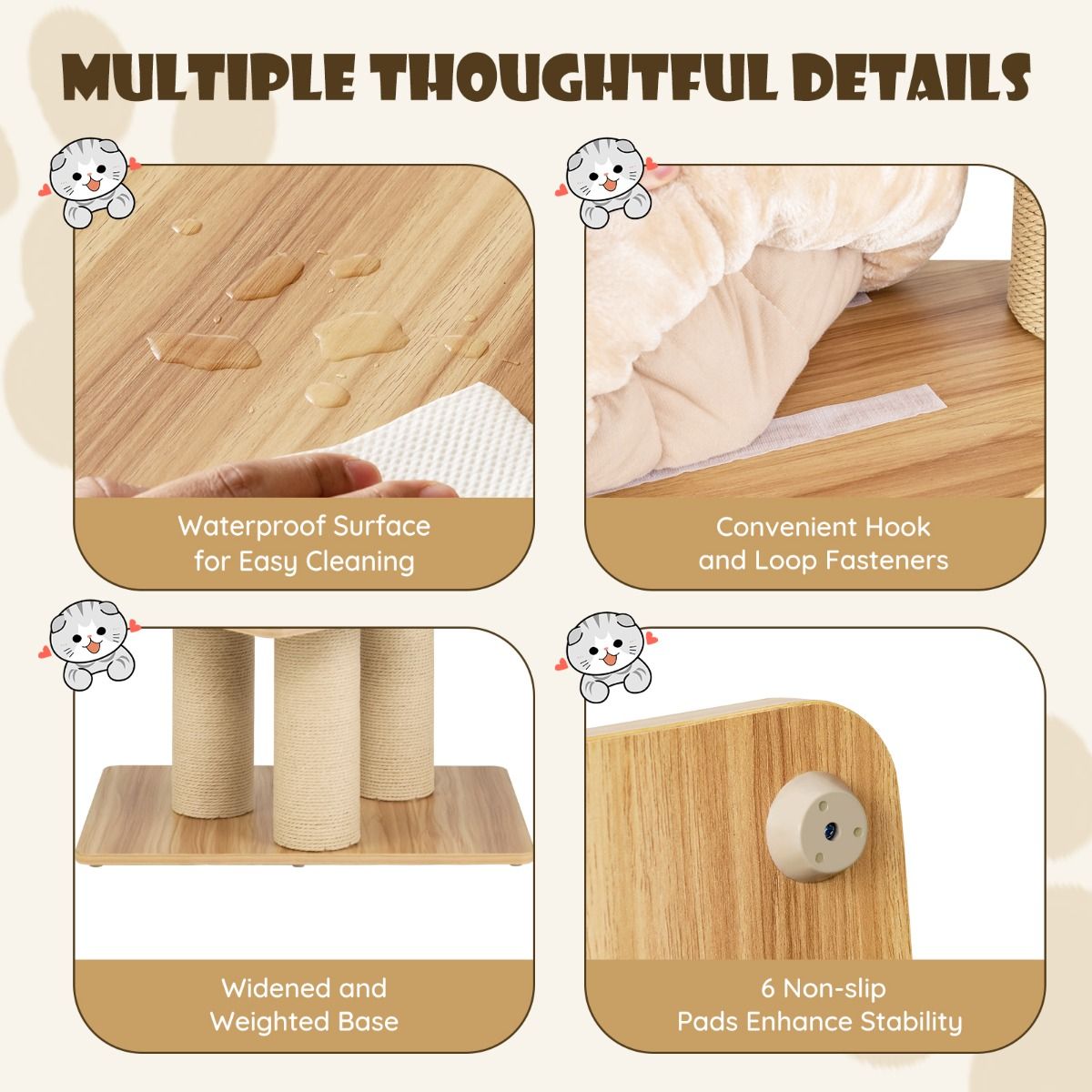 Structure d'escalade pour chats Coast - Plusieurs niveaux - Arbres à griffer et niche - Hamac et tapis lavables - Beige 75 x 56 x 191 cm